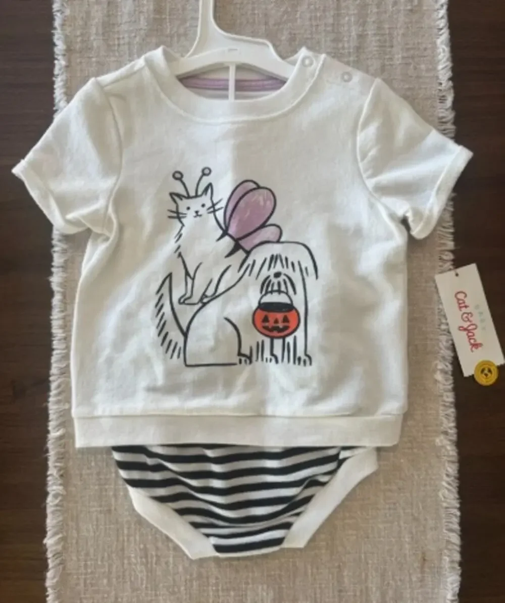 Cat & Jack Baby Halloween Cat Dog Short Sleeve Outfit Set 18M Black White NWT